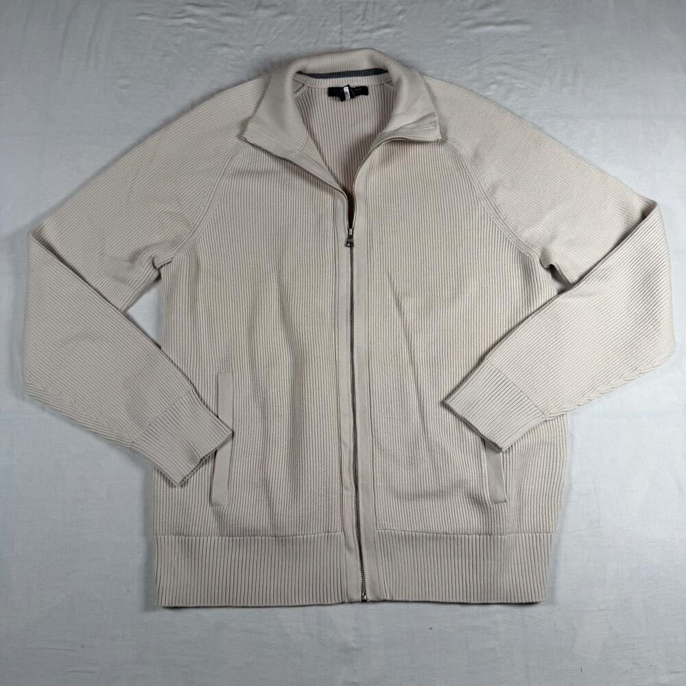 Banana Republic Supima Cotton Large Cream Ribbed Knit Zip Up Sweater